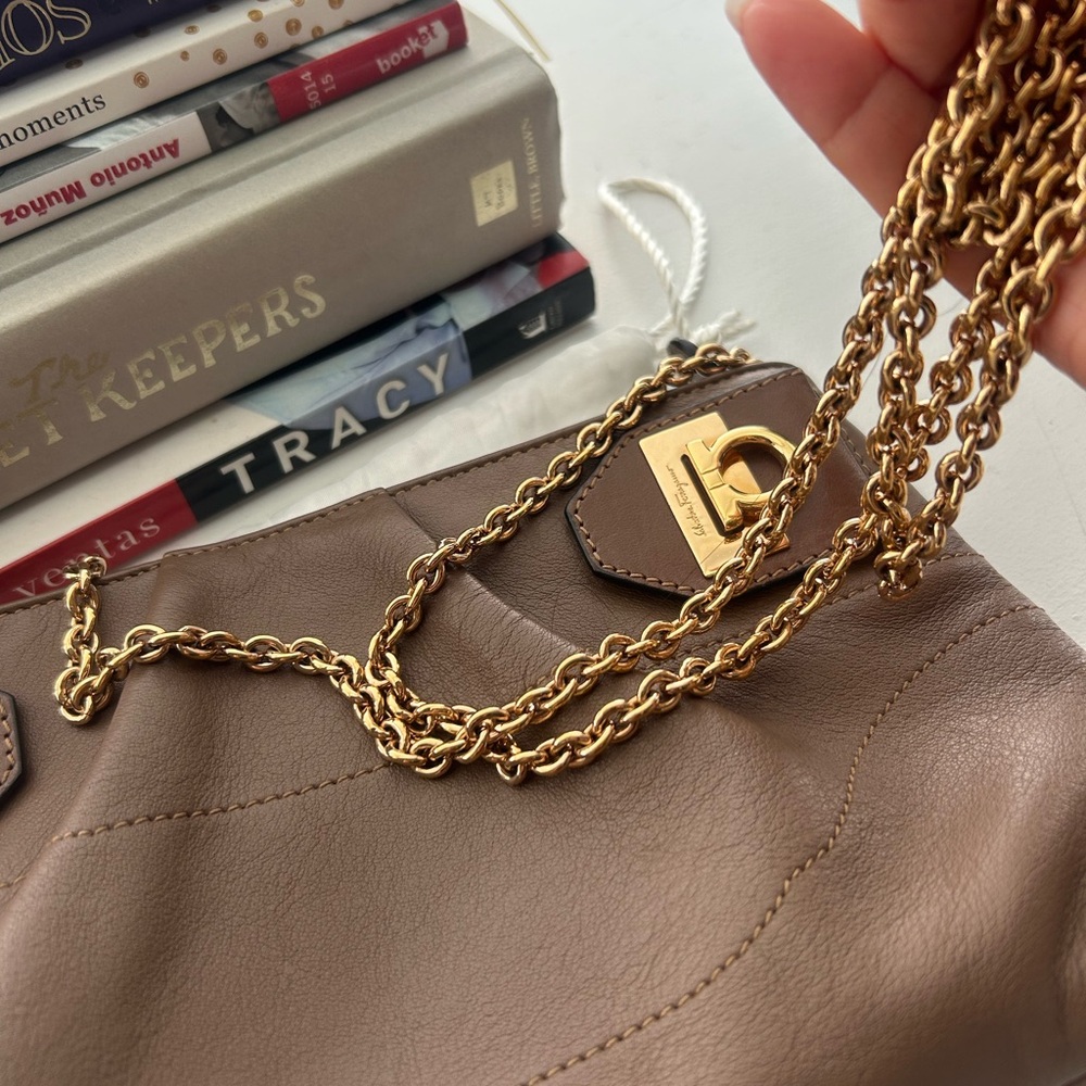 Salvatore Ferragamo Taupe Leather Shoulder Bag with Gold Chain